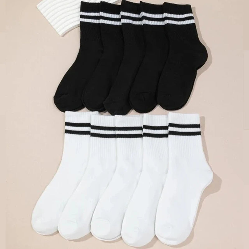 10 Pairs High Tube Mid Length Socks Set Women in Solid Black White Parallel Bars Popular Sweat Absorption Fashion Women'S Socks-Gennys fashion