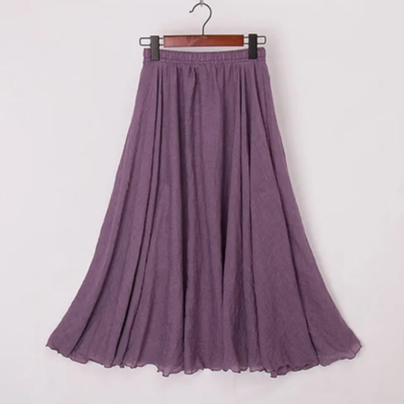 High Quality Cotton Linen Maxi Skirt Womens Casual Elastic High Waist Pleated A-Line Beach Skirts Boho Saia Feminina Faldas Jupe-Gennys fashion