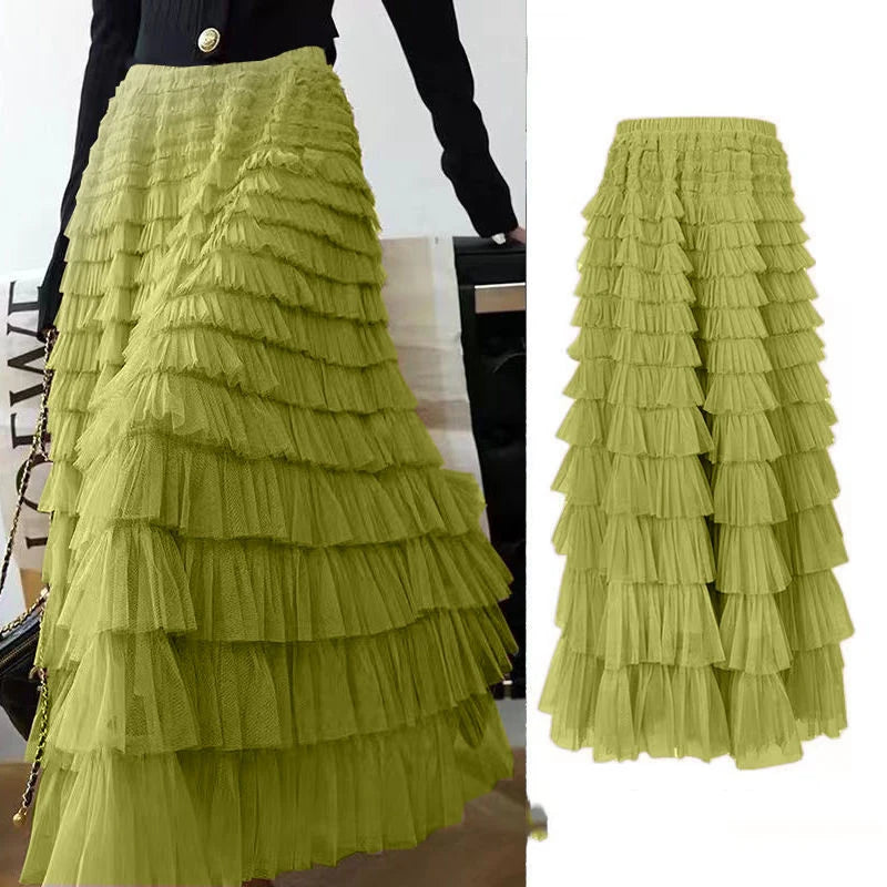 Summer Spring Women’S Multilayer Ruffles Tulle Skirt Pleated High Waist Fluffy Maxi Skirt Fairy Cake Dress Long Tutu Party Skirt-Gennys fashion