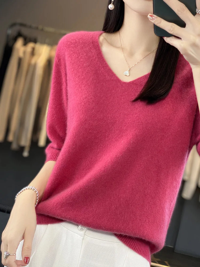 Short Sleeve Women Knitted Sweaters 100% Pure Merino Wool Cashmere Spring Fashion V-Neck Top Pullover Clothing-Gennys fashion