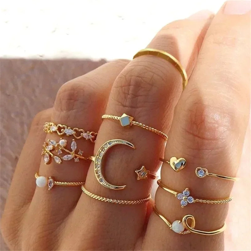 Crystal Rings Set Vintage Women Butterfly Pearl Geometric Hollow Ring Girls Anillos Jewelry Bague Adjustable Funk Jewellery-Gennys fashion