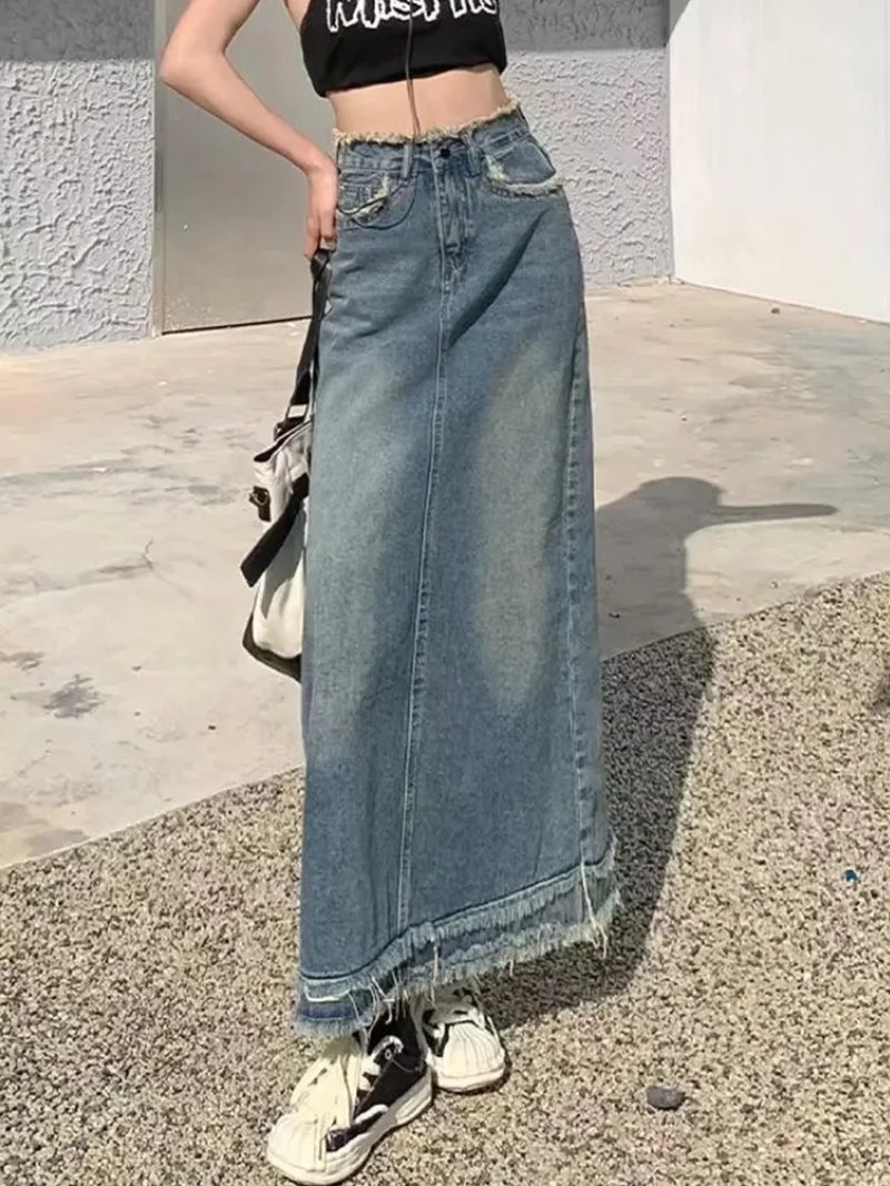 Retro High Waisted Denim Skirt Women'S Spring Mid Length Solid Color Casual A-Line Skirt 2024 New Tassel Design Slim Fit Skirt-Gennys fashion