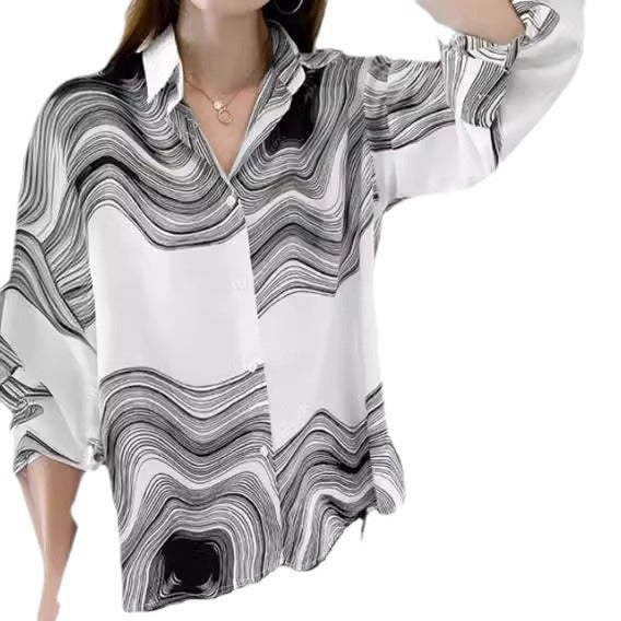 Ink Painting Cotton Linen Long Sleeve Blouse-Gennys fashion