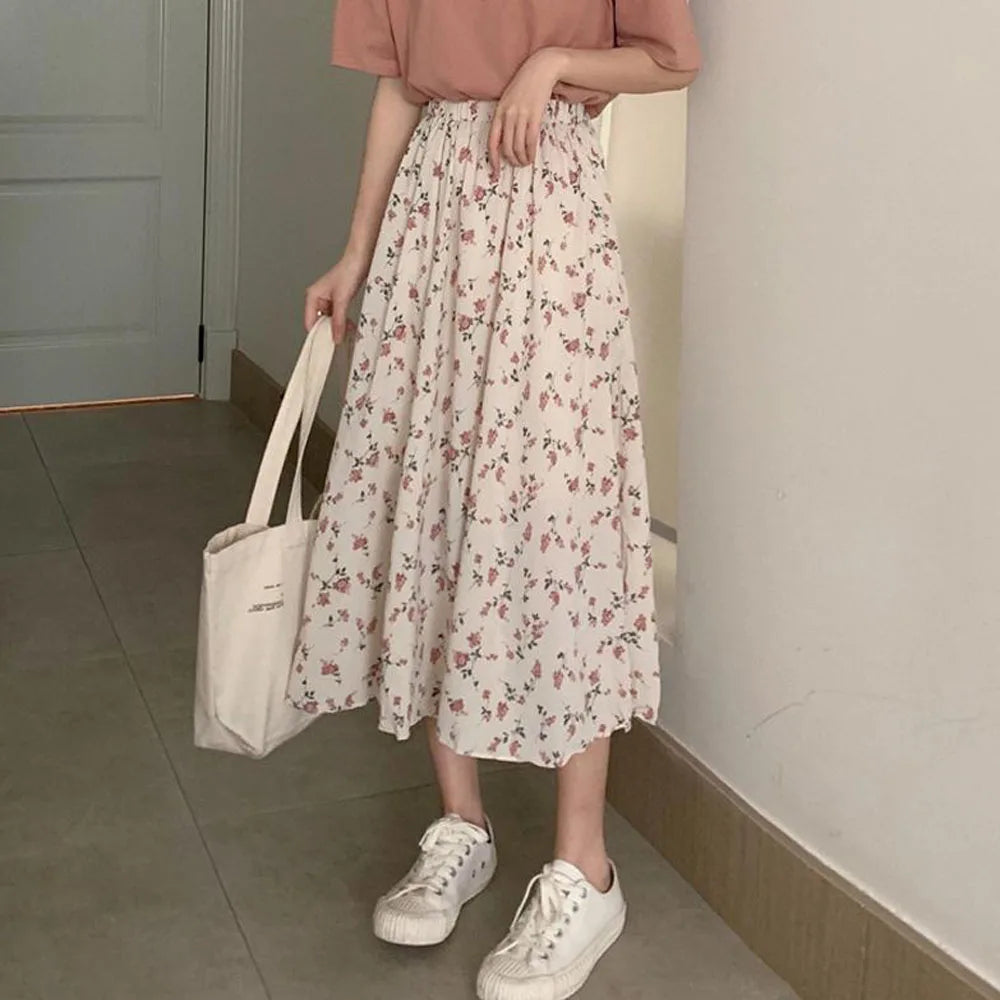 A-Line Skirts for Women Summer High Elastic Waist Floral Print Fairy Midi Calf Dress CDPF-WYP-47-Gennys fashion