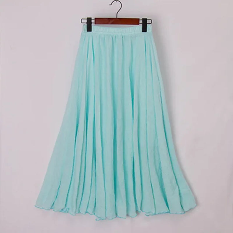 High Quality Cotton Linen Maxi Skirt Womens Casual Elastic High Waist Pleated A-Line Beach Skirts Boho Saia Feminina Faldas Jupe-Gennys fashion