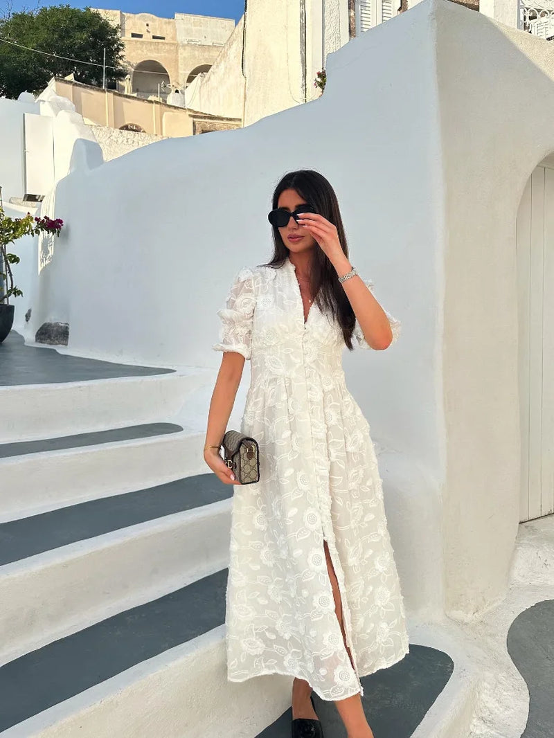 Elegant White Party Long Dress Women'S Luxury V-Neck Printed Single Breasted Split Evening Robe 2024 New Chic Street Dresses-Gennys fashion