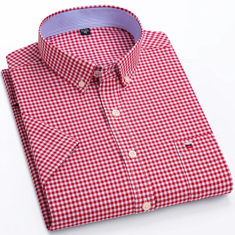 Men'S Fashion Versatile Short Sleeve Oxford Shirt Single Chest Pocket Regular-Fit Comfortable Cotton Plaid Striped Casual Shirts-Gennys fashion