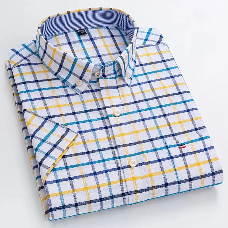 Men'S High-Quality Oxford Cotton Short Sleeved Shirt for Summer Comfort Breathable Classic Solid Color Plaid Business Leisure-Gennys fashion