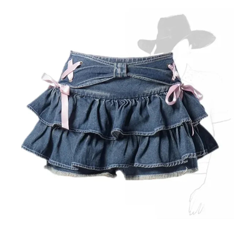 Blue Denim Pleated Skirt Bow Fold Design Women'S A-Line Short Skirt Built in Shorts American Spicy Girl Korean Fashion Hotsweet-Gennys fashion