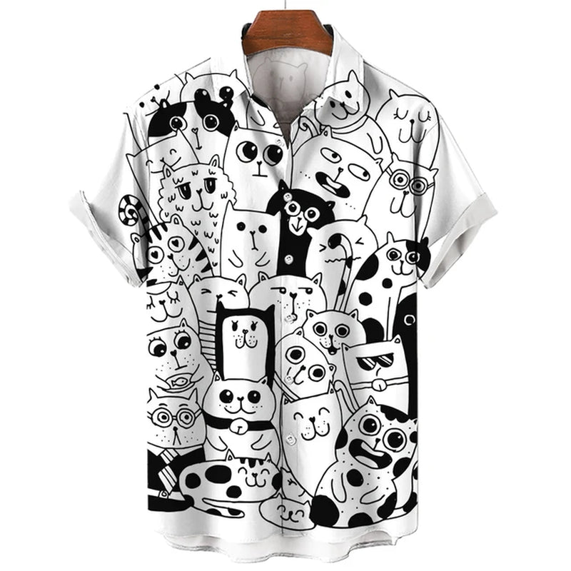 Men'S Hawaiian Collar Shirt 3D Printing Short Sleeve Cute Cat Casual for Men Vintage Clothes Harajuku Floral Blouse-Gennys fashion