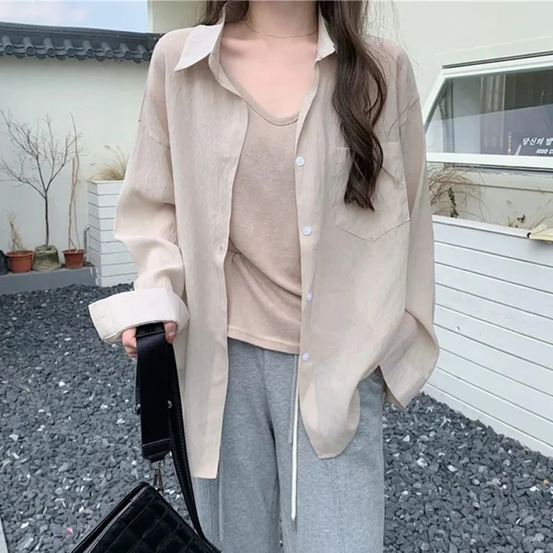 Sun-Proof Thin Summer Shirt Women Simple Solid Color Long Sleeve Blouse Woman 2024 Korean Style Loose Basic Shirts Female-Gennys fashion