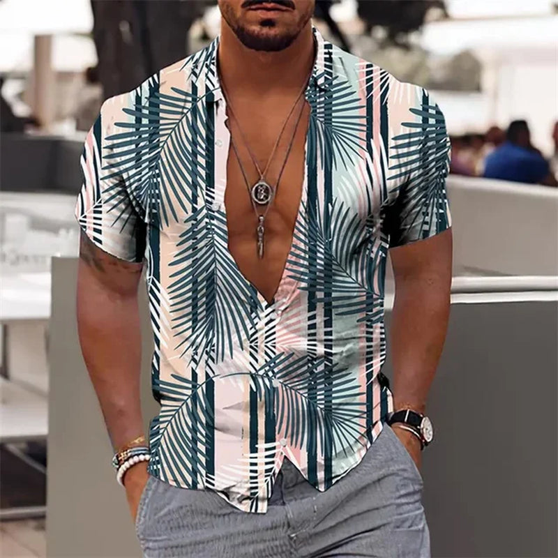 2024 Summer Hawaiian Men'S Shirt Vacation Daily Slim-Fit Top Gym Elegant Floral Pattern Leaves Society Casual Fashion-Gennys fashion