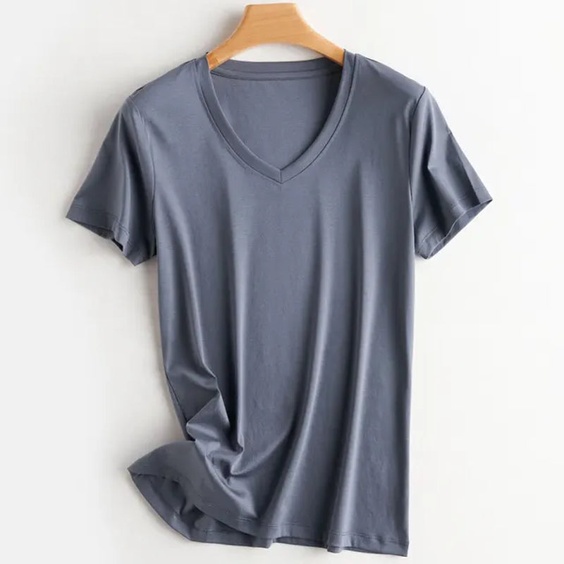 Summer 100% Mercerized Cotton Women Silk T-Shirts O Neck Short Sleeve Loose Straight Tops Simple Casual Tees for Minimalist 2023-Gennys fashion