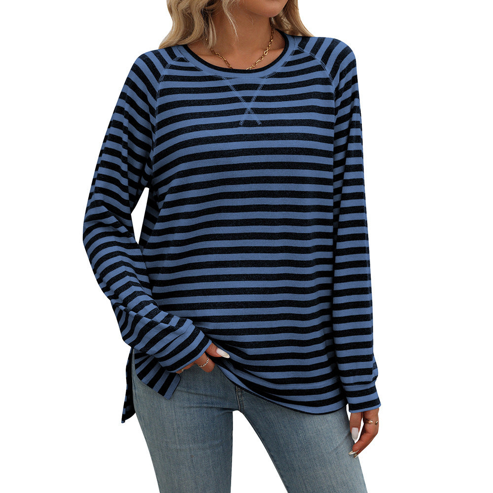 Striped Contrast Color Round Neck Long Sleeve Loose-fitting T-shirt Top-Gennys fashion