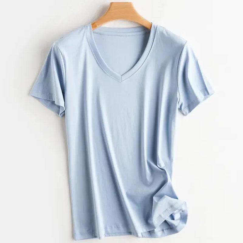 Summer 100% Mercerized Cotton Women Silk T-Shirts O Neck Short Sleeve Loose Straight Tops Simple Casual Tees for Minimalist 2023-Gennys fashion