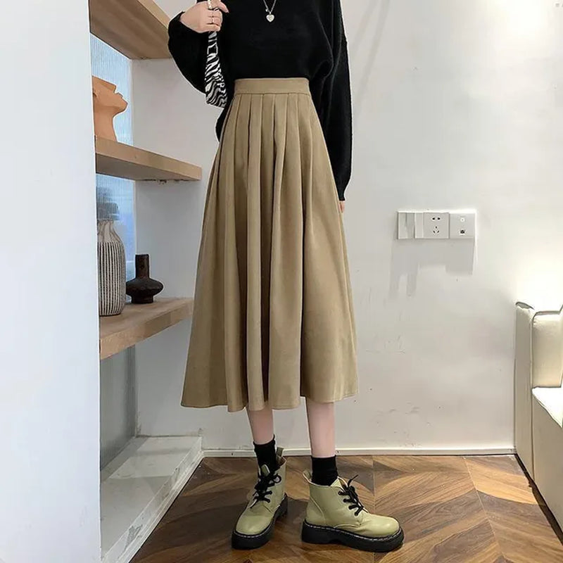 Vintage Brown High Waist Pleated Skirt Women Korean Fashion College Style Long Skirt Ladies Autumn Casual a Line Skirts-Gennys fashion