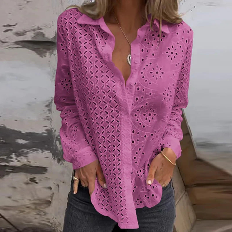 Sexy Hollow Out Embroidery Crochet Blouses Women Spring Solid Long Sleeve Jacquard Top Summer Loose Single Breasted Lapel Shirt-Gennys fashion