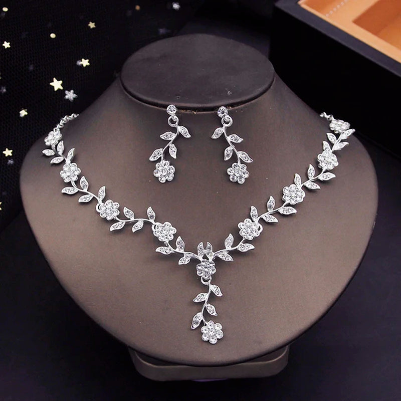 Rhinestone Bride Jewelry Sets for Women Luxury Flower Choker Necklace Earrings Wedding Dress Bridal Necklace Sets Fashion-Gennys fashion