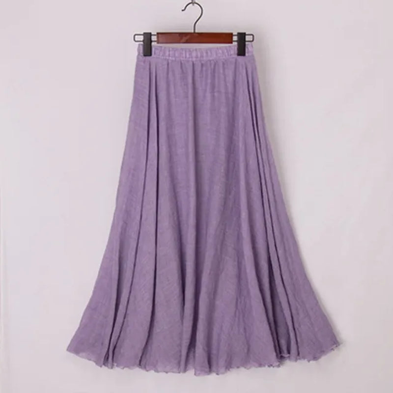 High Quality Cotton Linen Maxi Skirt Womens Casual Elastic High Waist Pleated A-Line Beach Skirts Boho Saia Feminina Faldas Jupe-Gennys fashion