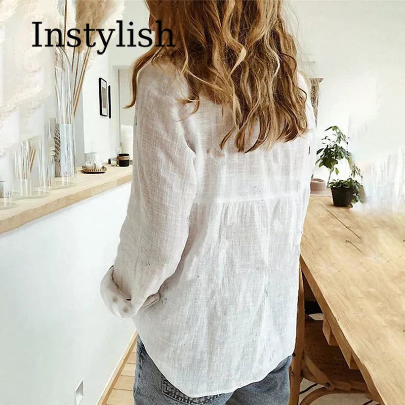 Elegant Cotton Linen Shirts Women Casual Solid Button Lapel Blouses Shirts Autumn Winter Long Sleeve Loose Tops Tunic Blusas-Gennys fashion