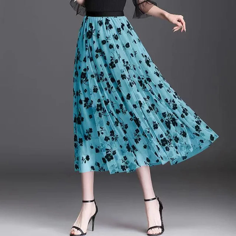 Elegant Mid-Length All-Match High-Waist Slimming Flocking Floral Mesh Long Gauze Skirts Women 2023 Autumn Winter High Waisted-Gennys fashion