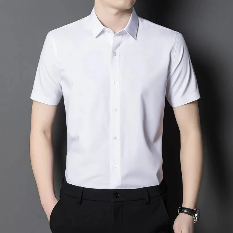 New Bamboo Fiber Stretch Men Shirt Fashion Casual Business Short-Sleeved Top Anti-Wrinkle No-Iron Solid Color Formal Shirt 6XL-Gennys fashion