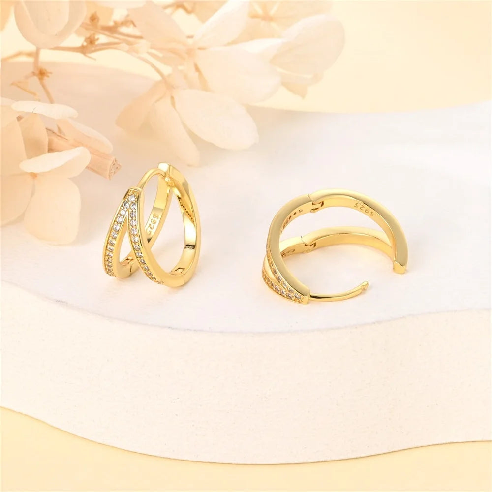 Unique 925 Sterling Silver Set Pavé Double round K Gold Earrings for Women'S Birthday Exquisite Jewelry Gift-Gennys fashion