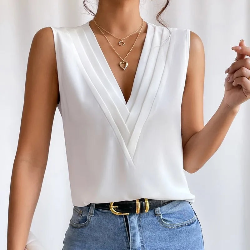 Fashionable Women'S Summer New Multi-Level V-Neck Solid Color Tank Top Shirt Elegant Women'S White Sleeveless Casual Blouse-Gennys fashion