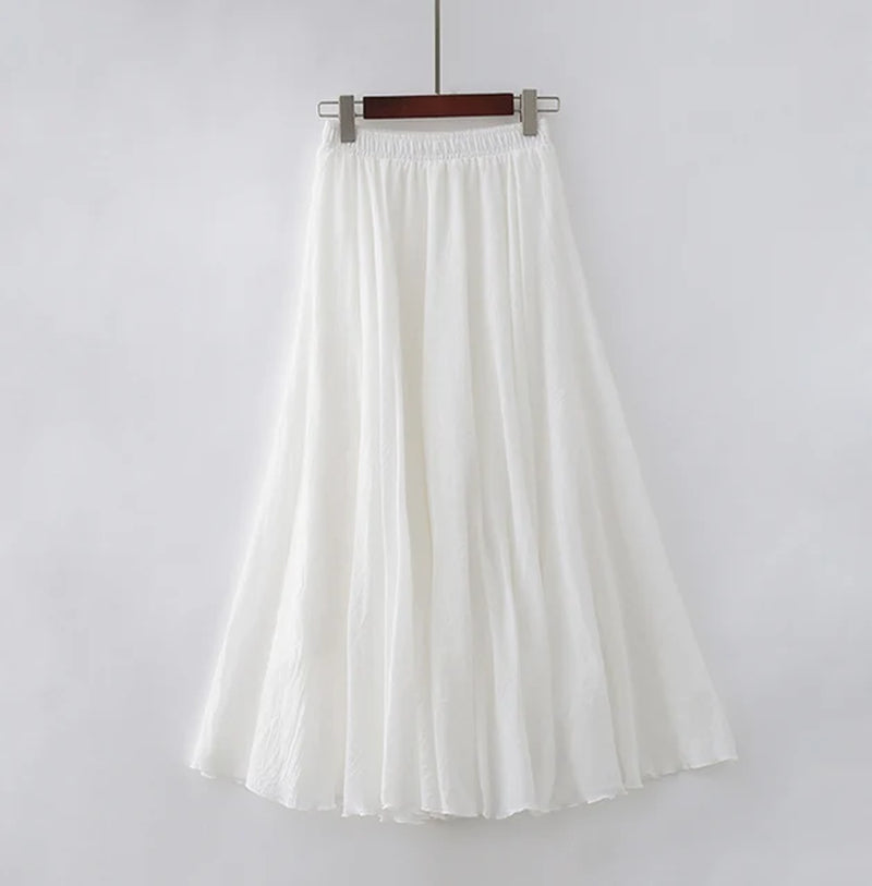 High Quality Cotton Linen Maxi Skirt Womens Casual Elastic High Waist Pleated A-Line Beach Skirts Boho Saia Feminina Faldas Jupe-Gennys fashion