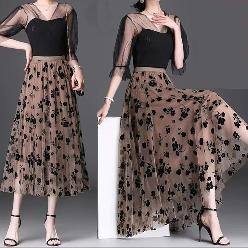 Elegant Mid-Length All-Match High-Waist Slimming Flocking Floral Mesh Long Gauze Skirts Women 2023 Autumn Winter High Waisted-Gennys fashion