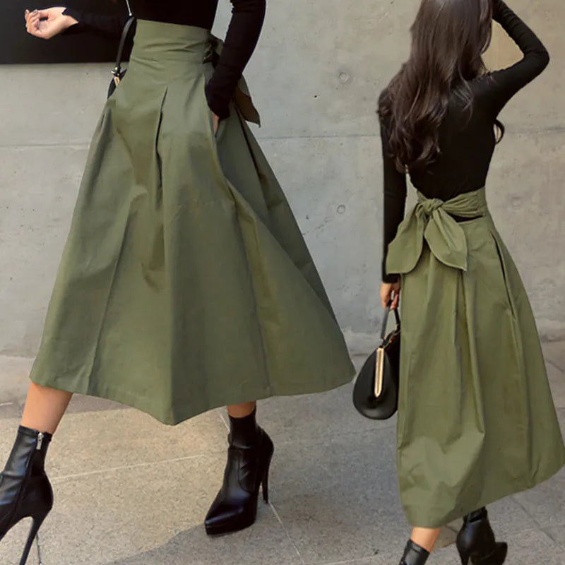 Skirts Womens Korean Fashion Solid Color Big Swing Ladies Skirt Long Skirt 2022 Autumn Wild High Waist Bow Slim Skirts-Gennys fashion