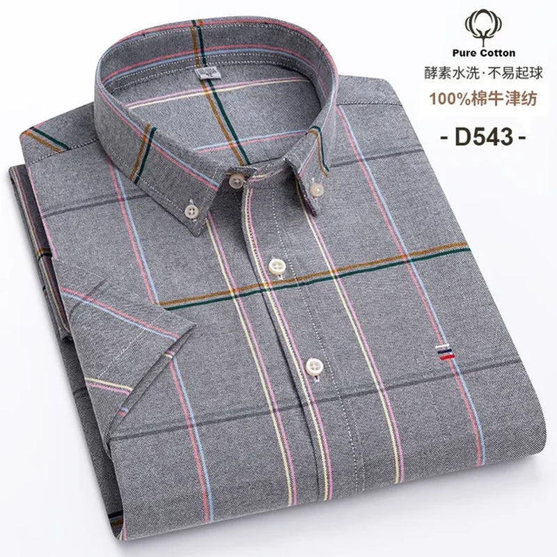 New Men'S Social Shirt Short Sleeve 100% Pure Cotton Oxford Soft Buttoned Plaid Formal Male Clothes Oversized Shirt plus Size-Gennys fashion