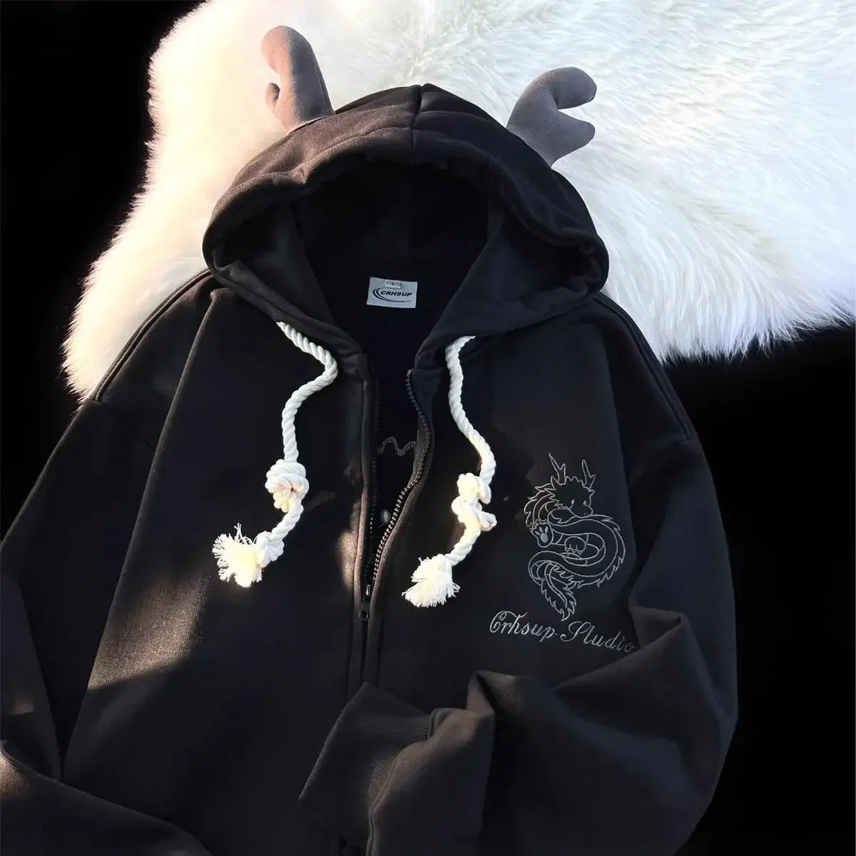 Autumn and Winter New Trendy Brand Dragon Embroidered Hoodie Men Jacket Loose Oversize Harajuku Couple Velvet Sweatshirt-Gennys fashion