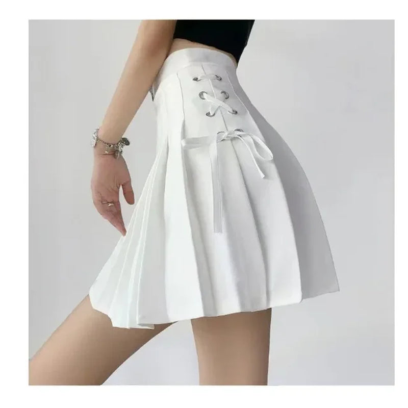 Preppy Style High-Waisted Mini Dress Slimming Skirt for Women Pleated Torso Waistband Eyelet Details Spring Summer Season-Gennys fashion