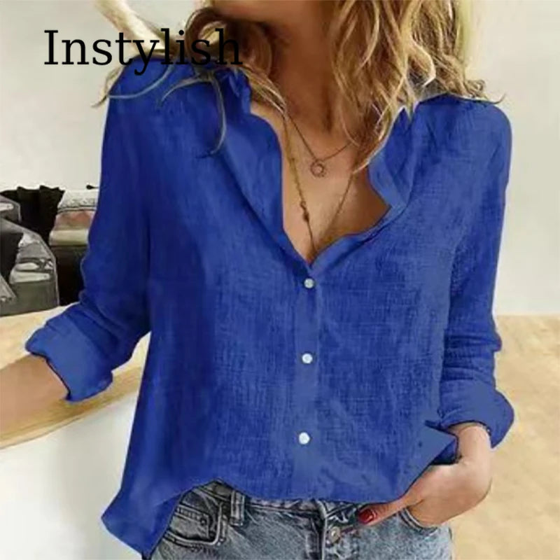 Elegant Cotton Linen Shirts Women Casual Solid Button Lapel Blouses Shirts Autumn Winter Long Sleeve Loose Tops Tunic Blusas-Gennys fashion