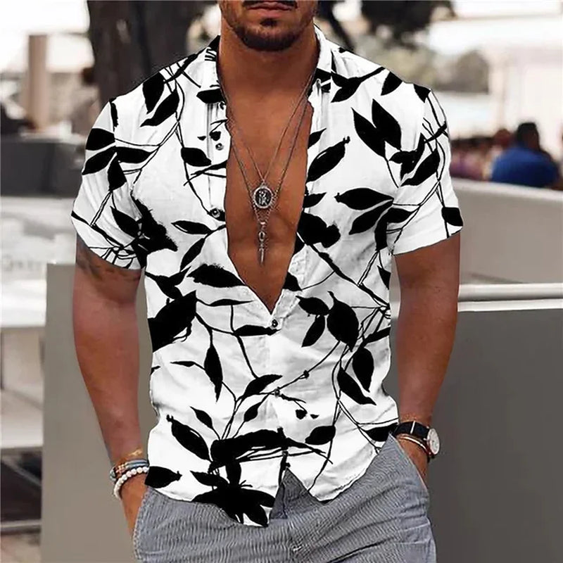 2024 Summer Hawaiian Men'S Shirt Vacation Daily Slim-Fit Top Gym Elegant Floral Pattern Leaves Society Casual Fashion-Gennys fashion