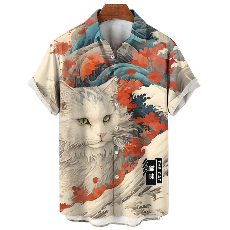 Fashion Hawaiian Shirt 3D Animal Cat Printed Short Sleeves Summer Beach Floral Lapel Shirts Men Streetwear Tops Blouse Clothes-Gennys fashion