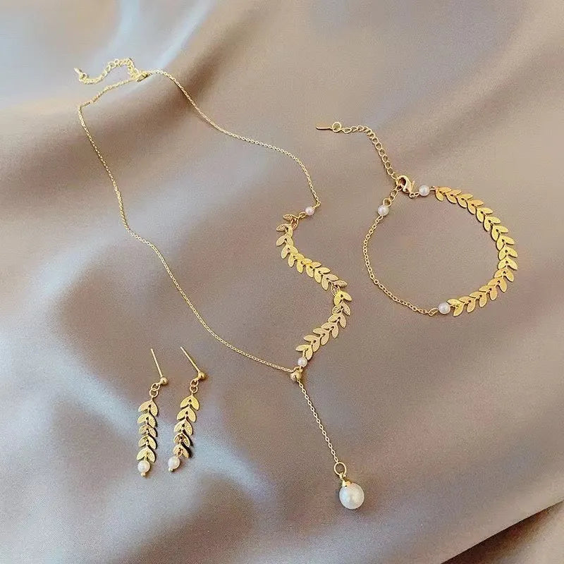 Gold Wheat Ear Pearl Jewelry Set-Gennys fashion