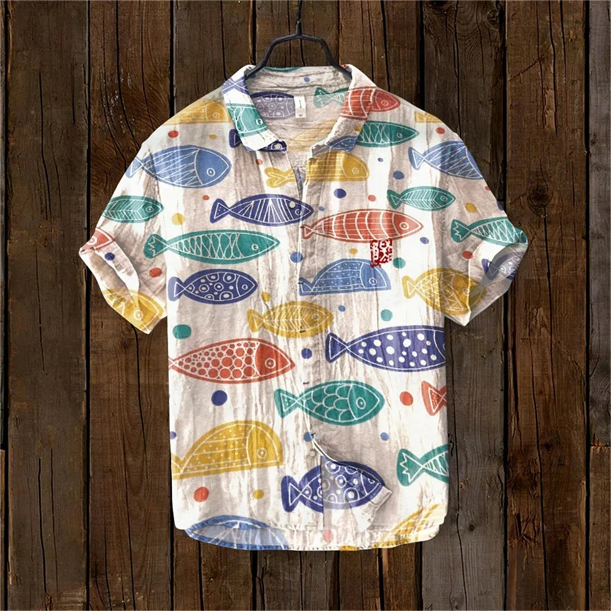 Men'S Short Sleeved Hawaiian Shirt, Japanese Art Retro Fish Print, Loose Breathable Linen Top, Casual Fashion, New, 2024-Gennys fashion