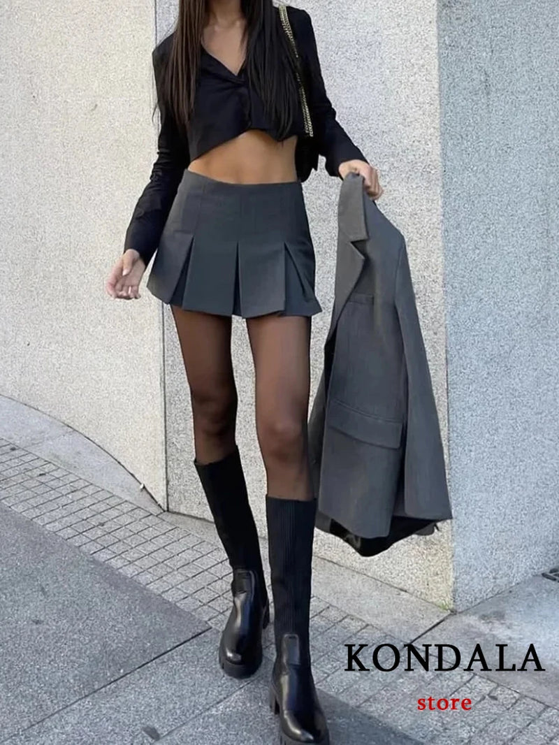 TRAFZA Vintage Dark Grey Mini Skirts Women Ruffles Pleated Sexy Shorts Skirts Female Fashion 2024 Streetwear Mujer Faldas-Gennys fashion