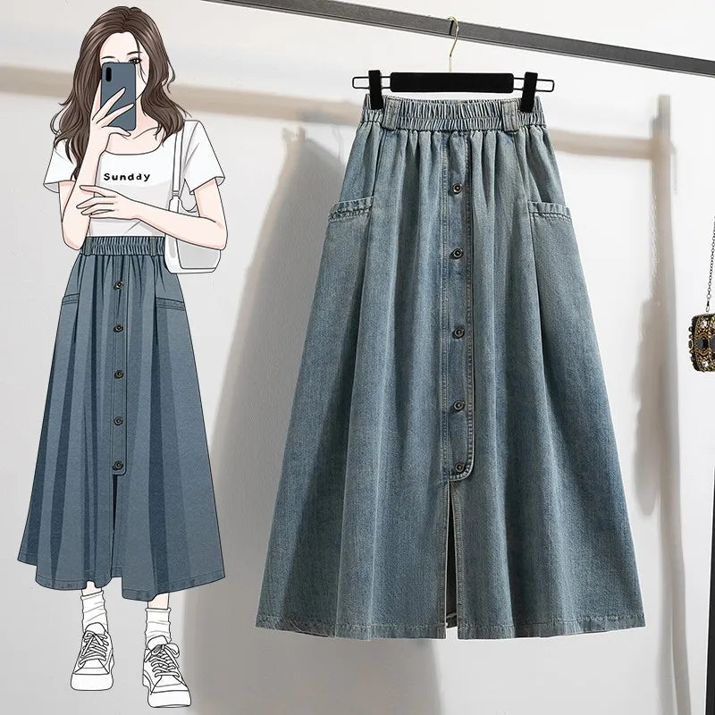 High Waist Casual Denim Skirts Women New Arrival 2024 Vintage Style Single-Breasted Basics Female A-Line Long Skirts B3848-Gennys fashion