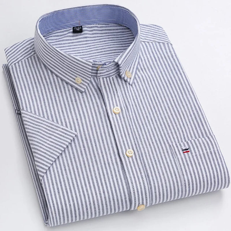 Men'S Fashion Versatile Short Sleeve Oxford Shirt Single Chest Pocket Regular-Fit Comfortable Cotton Plaid Striped Casual Shirts-Gennys fashion