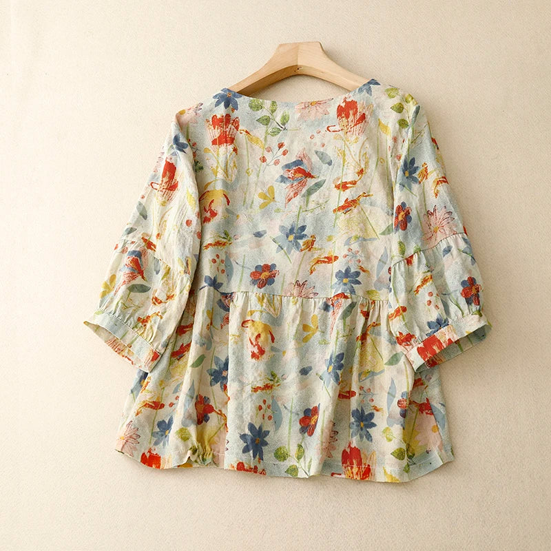 Apricot Floral Printing Vintage Linen O-Neck Short Sleeve Single Breasted Women'S Blouse Shirt Female Clothing Tops 2024 Spring-Gennys fashion