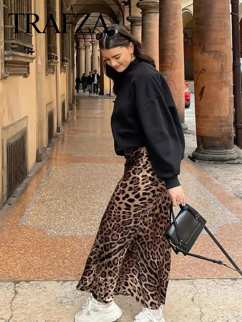 2024 Women Fashion Leopard Print Skirt Vintage High Waist Midi Skirts Elegant Women Summer Casual Streetwear Skirt-Gennys fashion