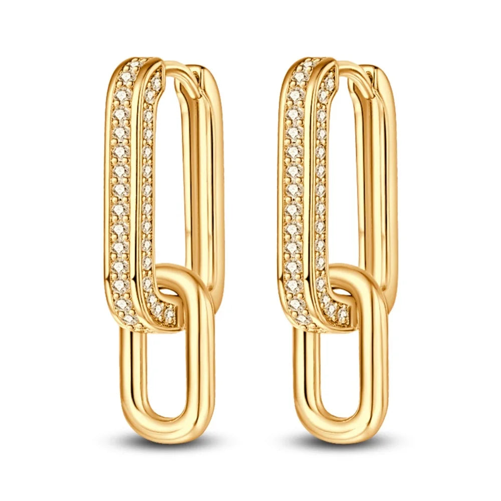 Elegant 925 Sterling Silver Double Square Buckle K Gold Set Pavé Earrings Women'S Anniversary Party Jewelry Gift-Gennys fashion