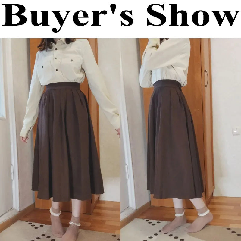 Vintage Brown High Waist Pleated Skirt Women Korean Fashion College Style Long Skirt Ladies Autumn Casual a Line Skirts-Gennys fashion