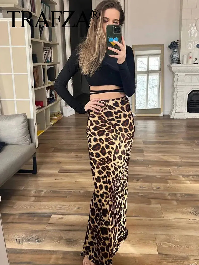 2024 Women Fashion Leopard Print Skirt Vintage High Waist Midi Skirts Elegant Women Summer Casual Streetwear Skirt-Gennys fashion