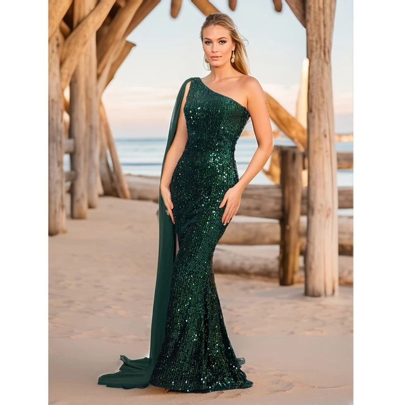 Green Sequined Chiffon Maxi Dress