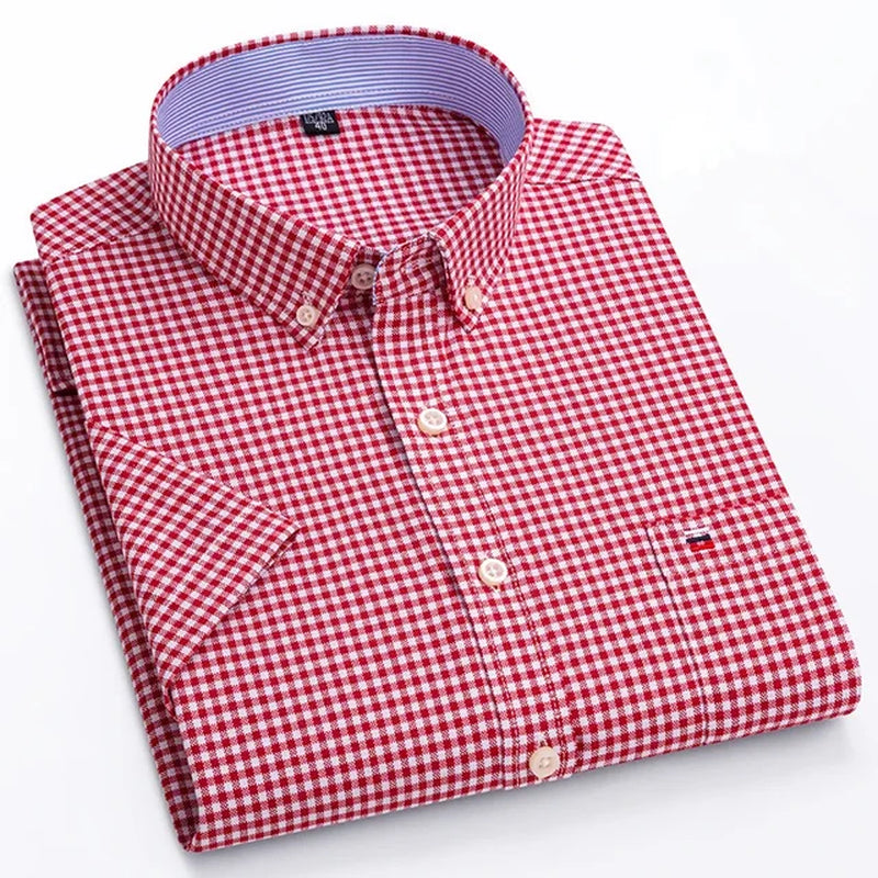 Men'S High-Quality Oxford Cotton Short Sleeved Shirt for Summer Comfort Breathable Classic Solid Color Plaid Business Leisure-Gennys fashion