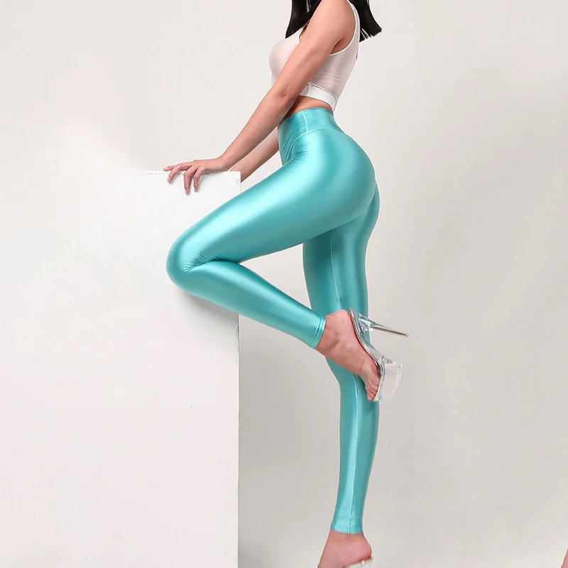 Glossy See through Thin Satin Sexy Leggings High Waist Yoga Sports Pants plus Size Trousers Women Bottoms-Gennys fashion